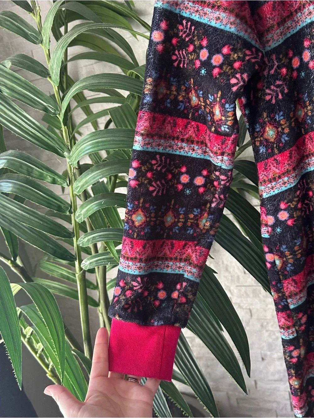 Natural Life Boho Dark Floral Patterned Fleece Cozy One-Piece Jumpsuit Size M